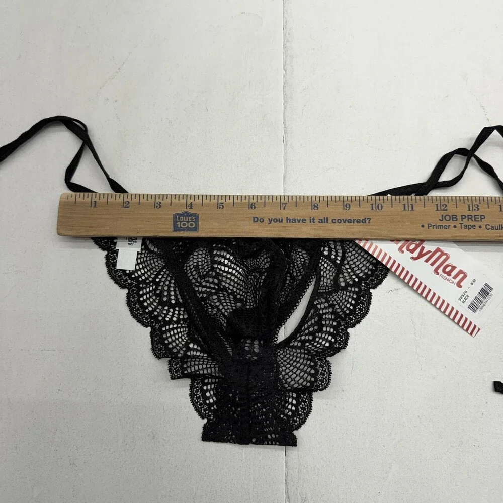 Candyman Thong Underwear Mens Medium Black Sheer Lace Heart Floral Stretch 99579